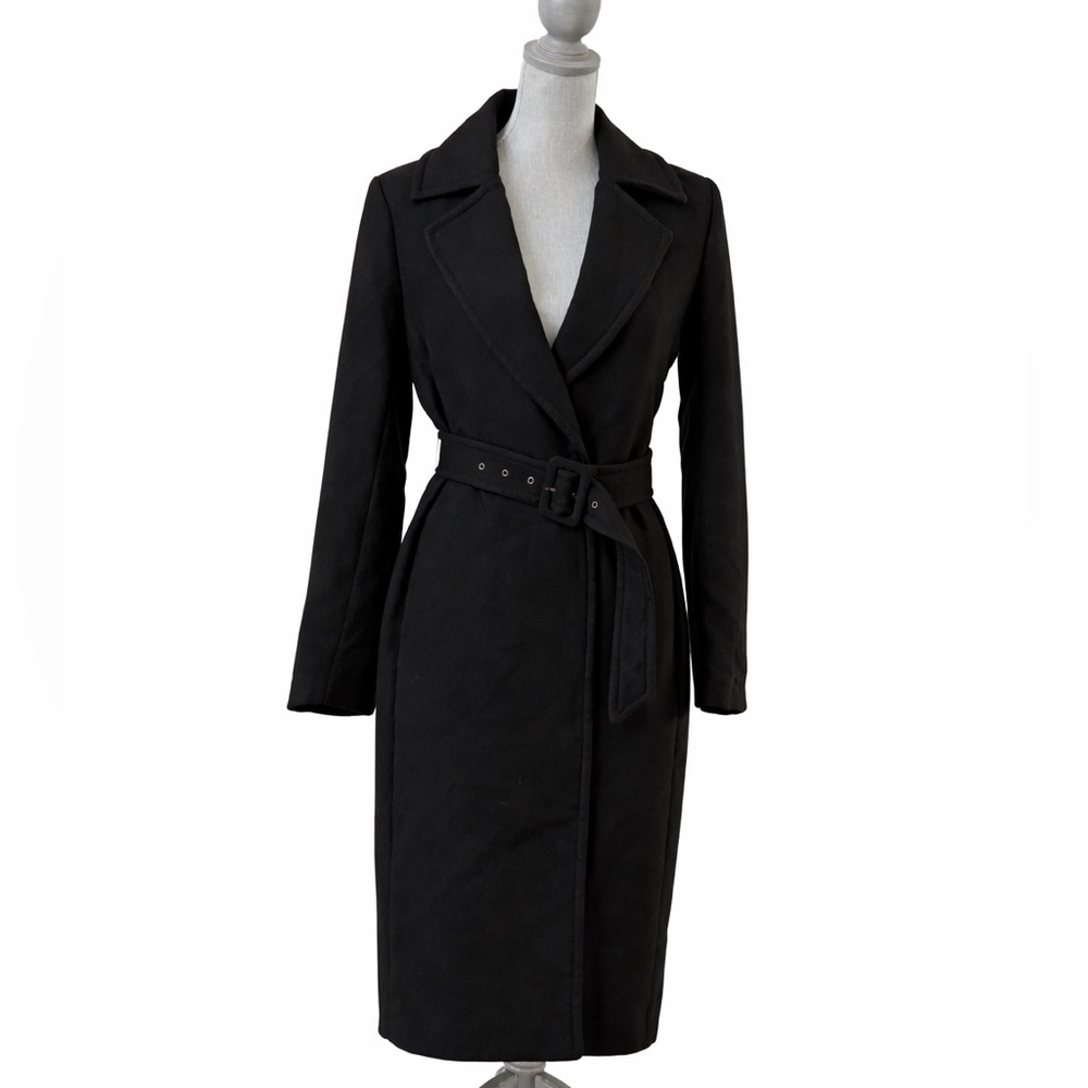 M Black Belted Longline Wrap Coat Trench Style Minimalist Size 8
